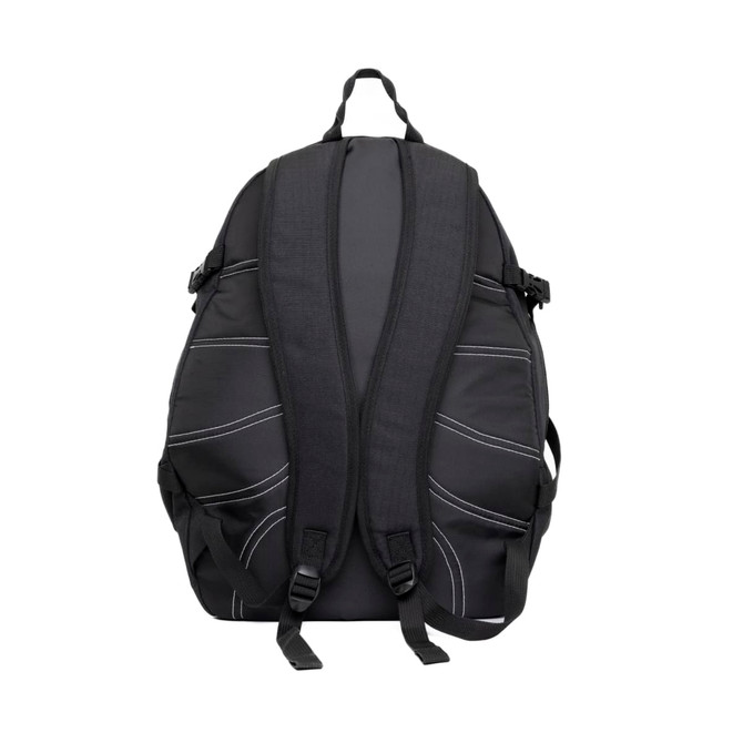 A black Brighton Backpack featuring padded shoulder straps and multiple compartments. It has a branding logo.