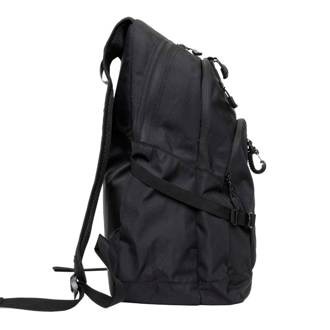 A black backpack with a sleek design, featuring multiple zippers and adjustable straps. It has a discreet logo.