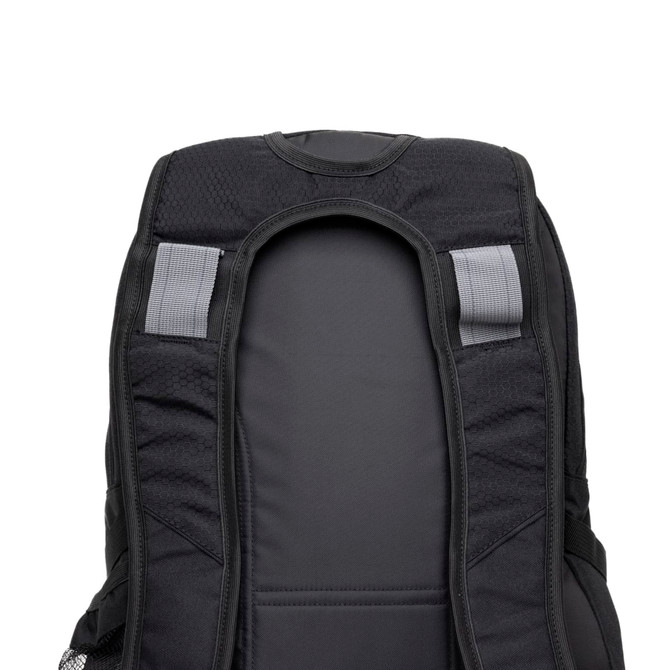 A black backpack featuring padded shoulder straps and a textured back panel. It has a logo on the fabric.