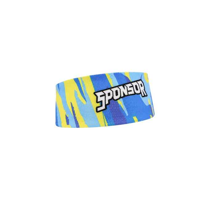 A seamless breathable ice silk mesh headband in vibrant blue, yellow, and purple with a logo.