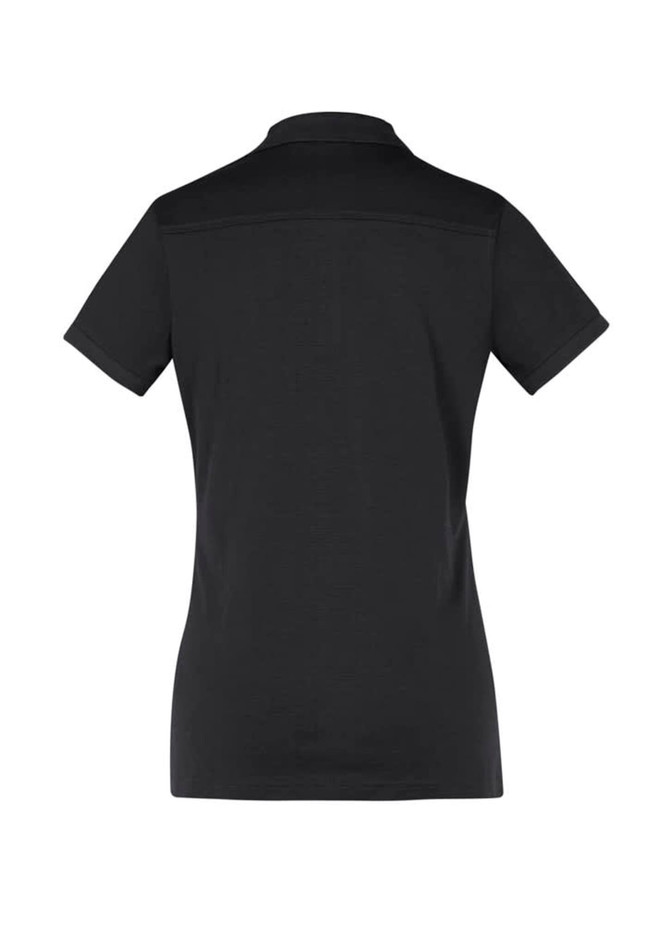 A black women's short sleeve polo shirt with a classic collar and a branded logo.
