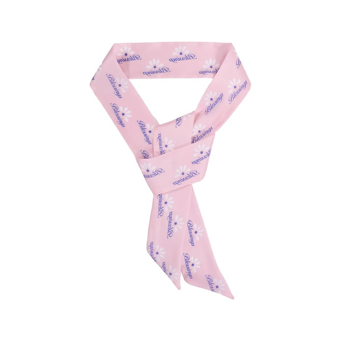 A pink chiffon narrow scarf featuring a repeating pattern and a logo.