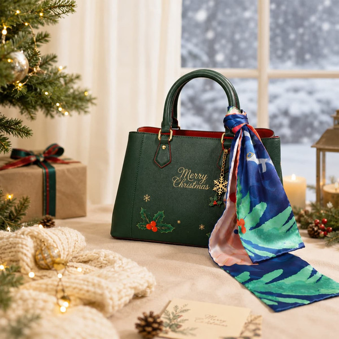 A green handbag with a floral blue and pink satin scarf is displayed near a Christmas setting with decorations.