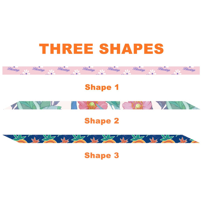 Three narrow satin scarves in various floral designs and colours, featuring multiple shapes and a logo.