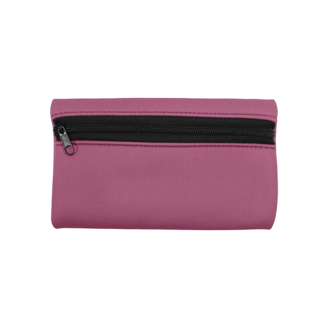 A small pink neoprene pencil pouch with a black zipper, featuring a simple design and a branding logo.