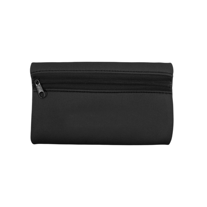 A small black neoprene pencil pouch with a zippered closure, featuring a simple and sleek design.