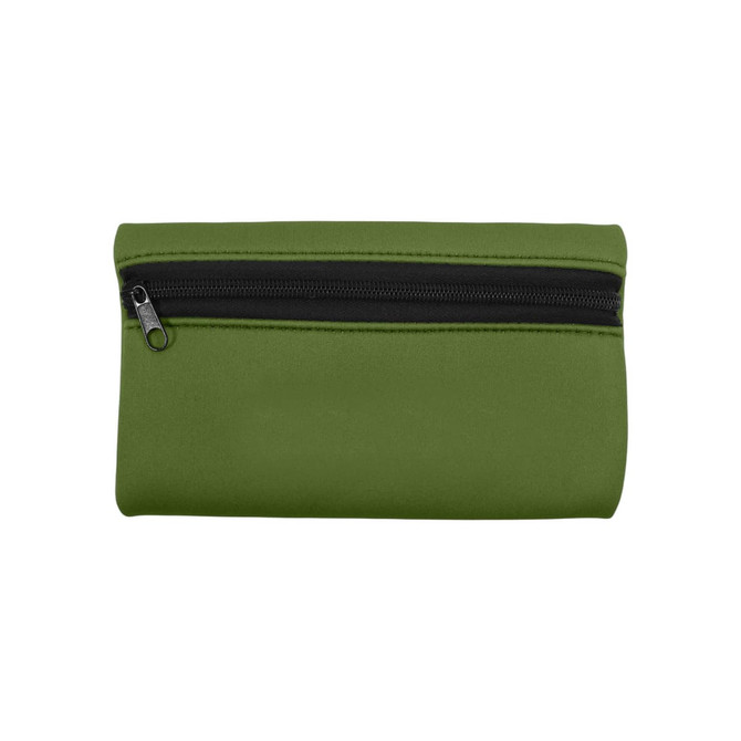 A small, olive green neoprene pencil pouch with a zip closure and black zipper. It features a branding logo.