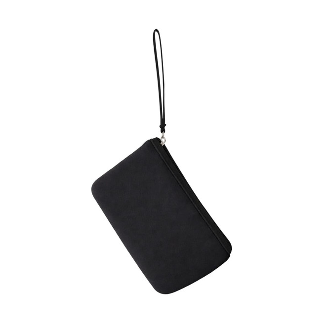 A black neoprene cosmetic bag with a handle and a zipper closure, featuring a simple design.