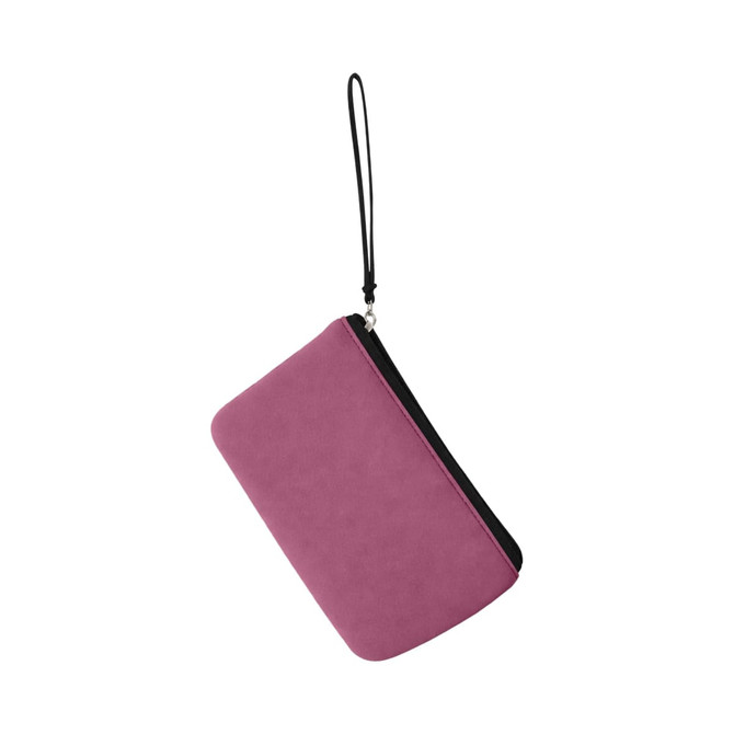 A pink neoprene cosmetic bag with a black zipper and a handle attached. It features a branding logo.