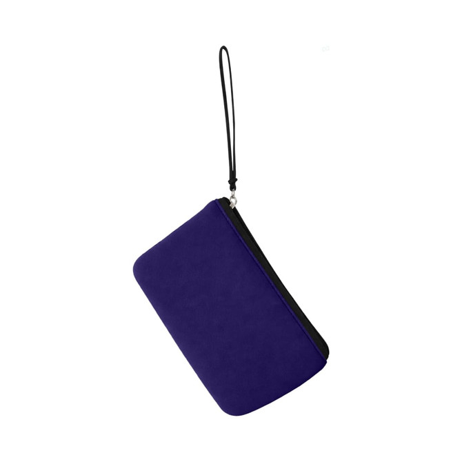 A purple neoprene cosmetic bag with a black zipper and a handle. It features a simple, sleek design.