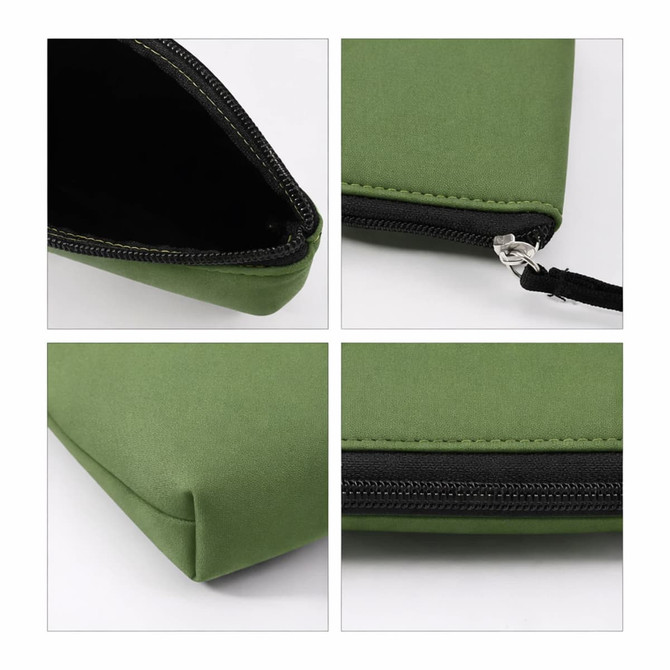 A neoprene cosmetic bag in green with a zipped closure and handle. It features a smooth finish and a black interior.