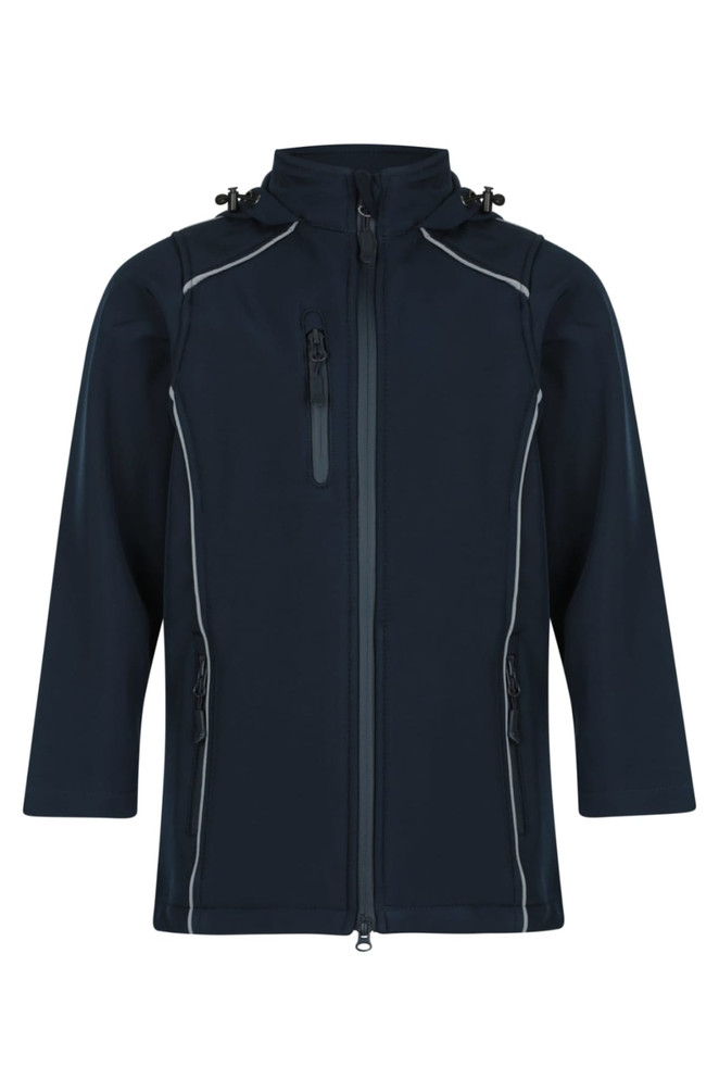 A navy blue jacket featuring a zip front, multiple pockets, and contrasting grey seams. It has a logo on it.