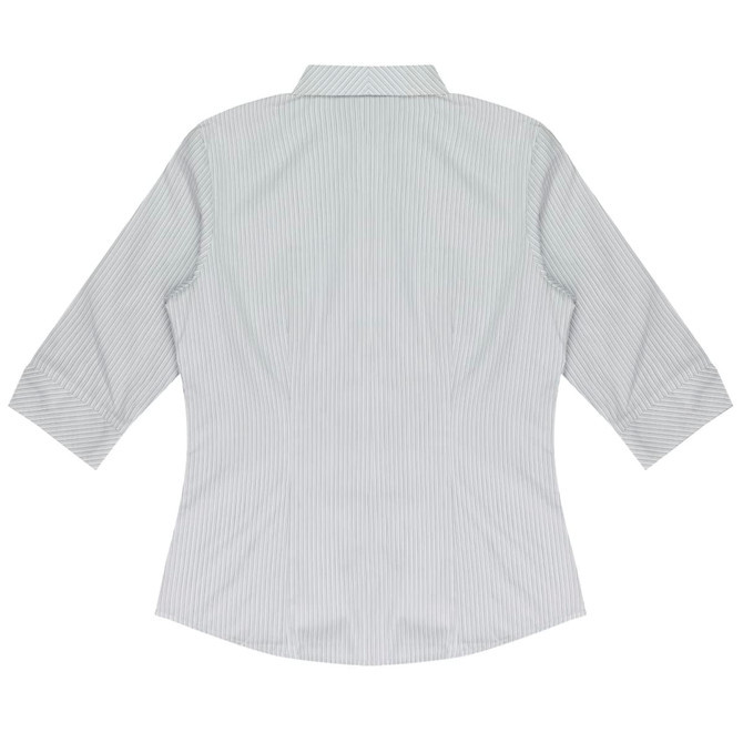 A light green and white striped button-up shirt with 3/4 sleeves and a collar, featuring a logo.