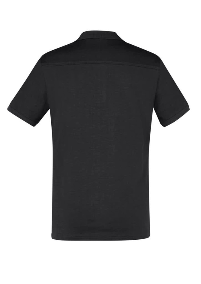 A black short sleeve polo shirt featuring a simple design and a logo on the front.