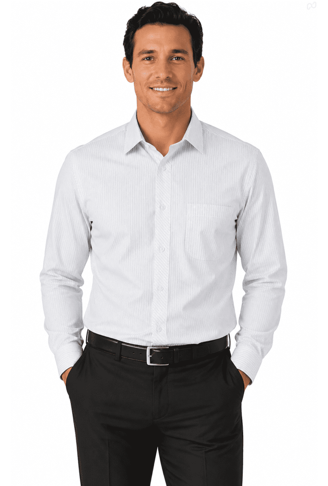 A long-sleeve men's shirt in white, featuring a chest pocket and a logo, worn by a man with hands in pockets.