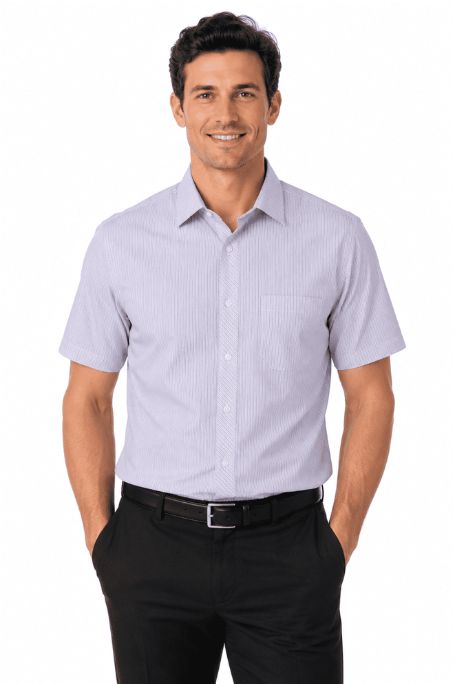 A short sleeve men's shirt in light purple, featuring a button front and a chest pocket, with a logo.
