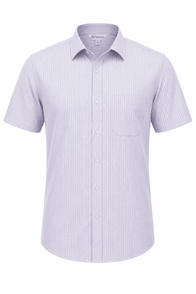 A short-sleeve, button-up men's shirt in light purple with a pocket and a logo.