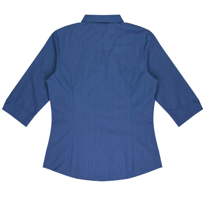 A blue button-up shirt with 3/4 sleeves, featuring a fitted design and a collar. Includes a logo.