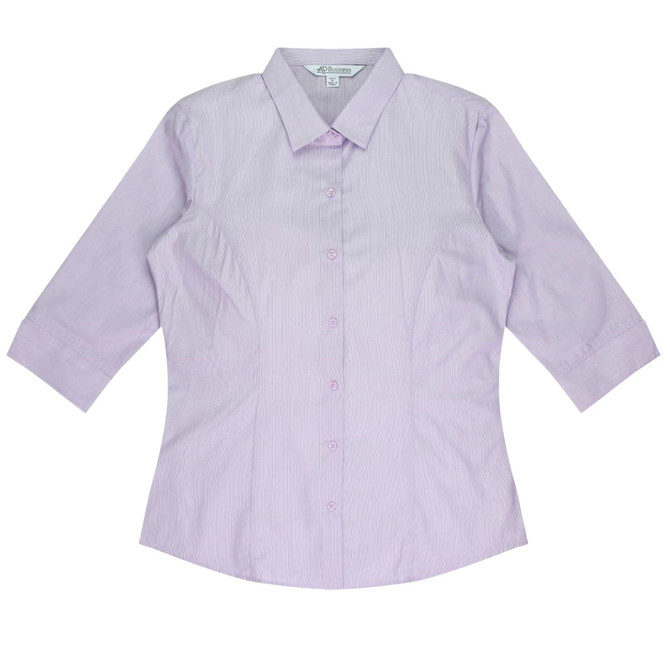 A light purple button-up shirt with 3/4 sleeves and a fitted design, featuring a logo.