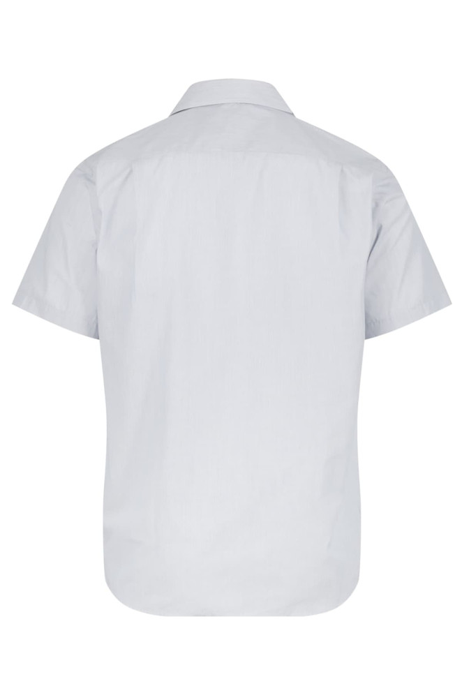 A short-sleeve button-up shirt in light grey, featuring a classic collar and a branded logo.