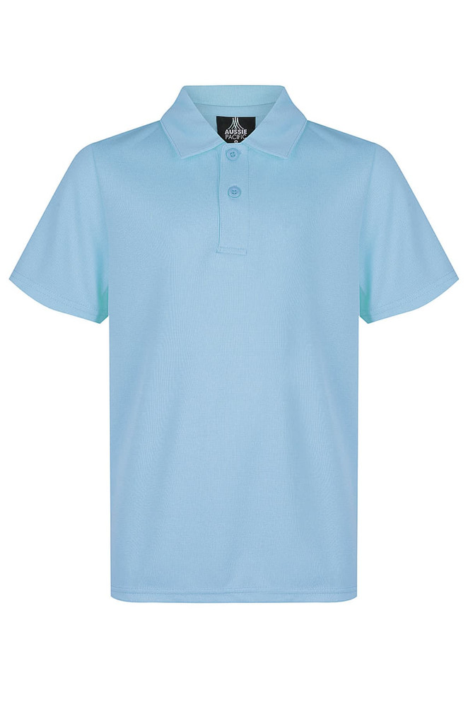 A light blue polo shirt featuring a collar and a button placket, with a logo on the upper side.
