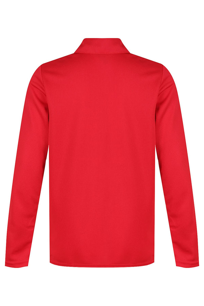 A red polo shirt with long sleeves and a collar, featuring a logo on the back.