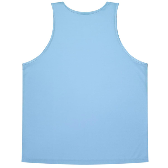 A light blue singlet featuring a simple design, with a logo in the corner. Suitable for kids.