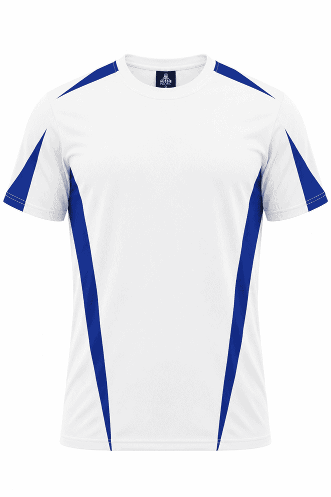 A white t-shirt featuring blue side panels and short sleeves, with a logo on the collar.