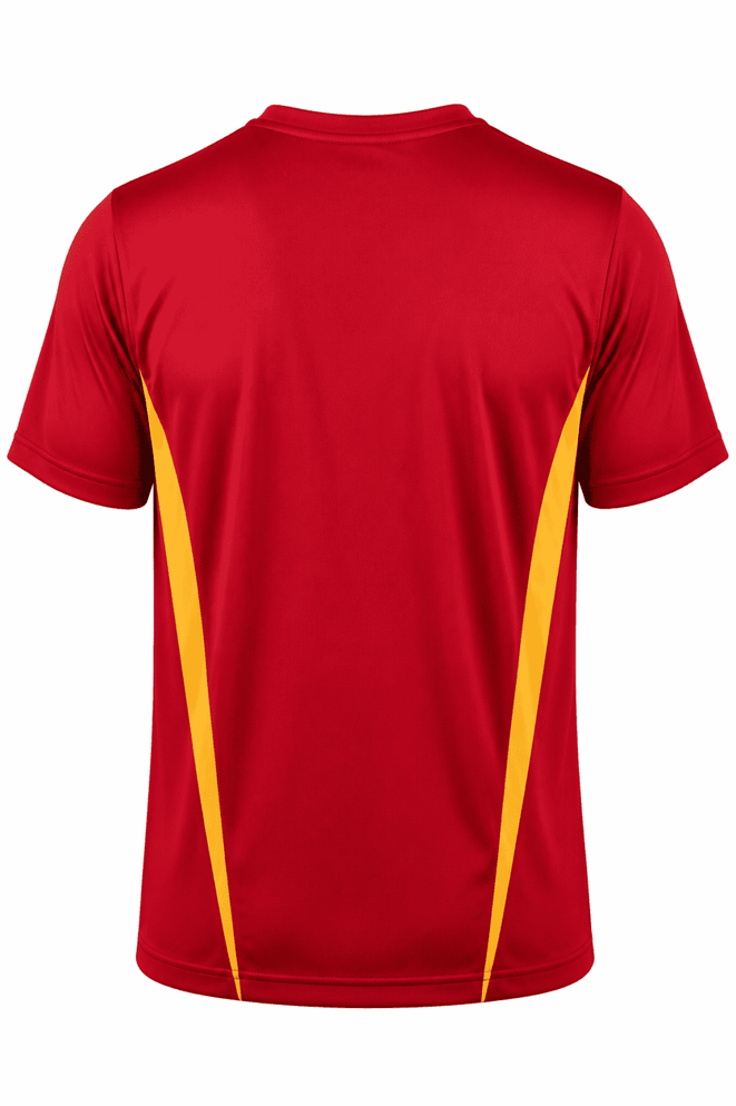 A red T-shirt featuring yellow side panels and a brand logo on the back.