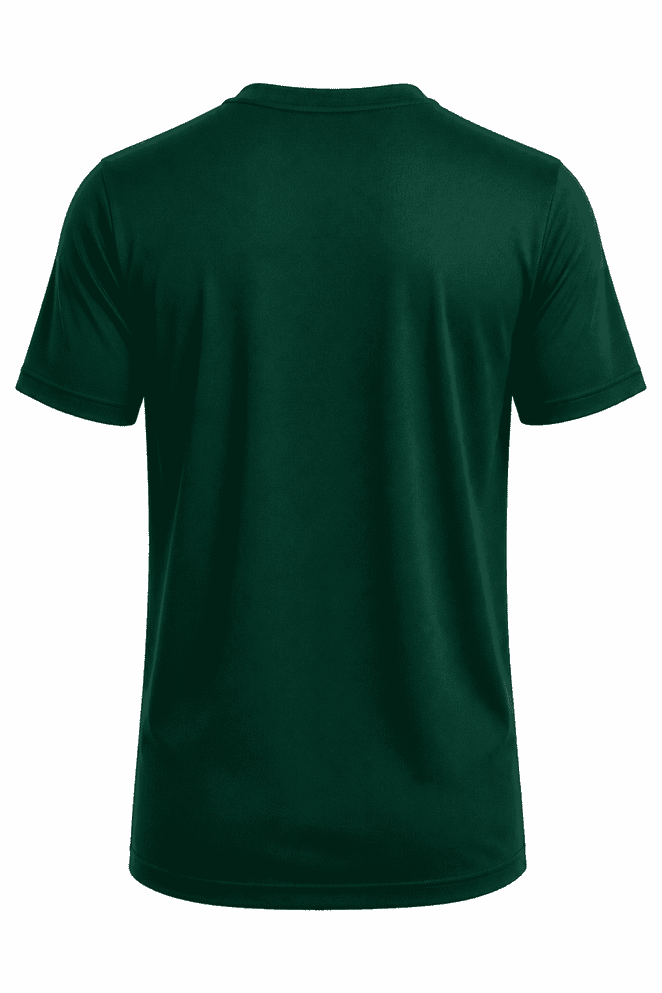 A dark green T-shirt with a classic crew neck and short sleeves, featuring a branded logo.