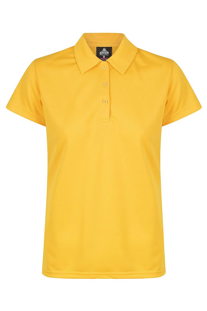 A yellow polo shirt featuring a classic collar and button detail, with a branded logo on the inside.