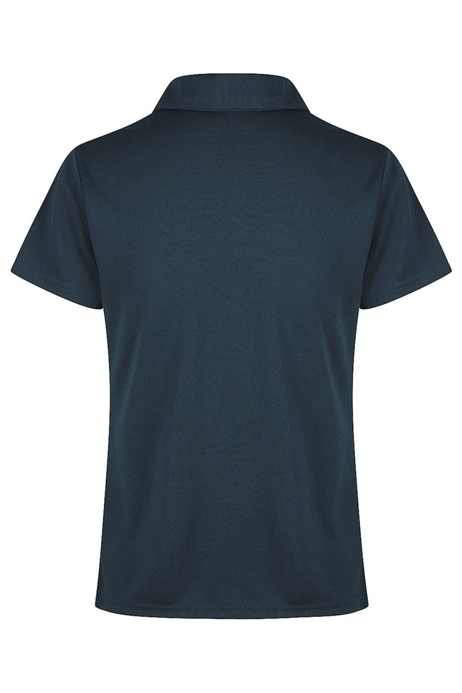 A dark green polo shirt with a classic collar and a back view, featuring a logo on the fabric.