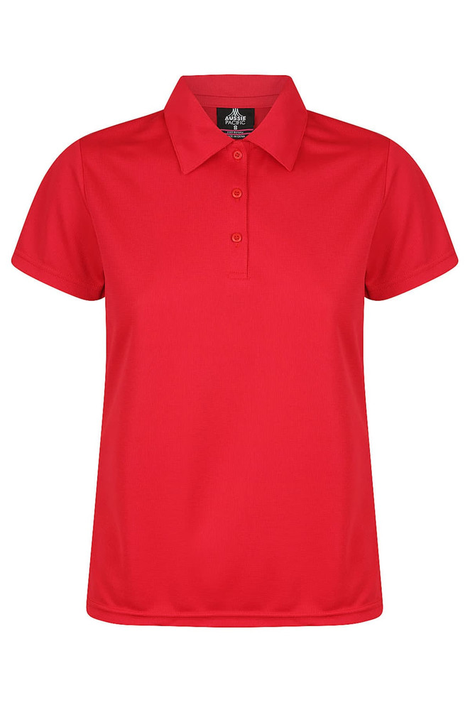 A red polo shirt featuring a collar and three buttons, with a logo on the chest area.