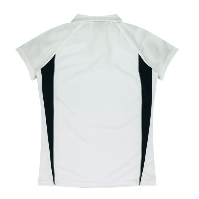 A white polo shirt featuring black side panels and a collar, with a logo present.