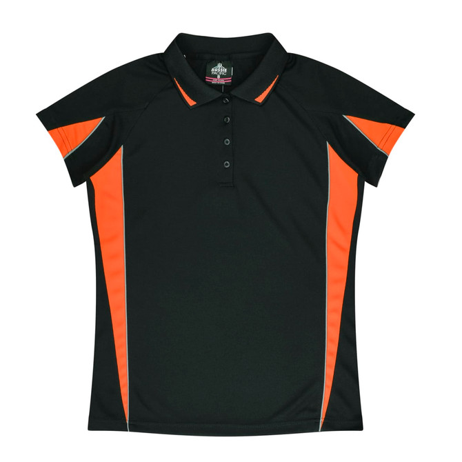 A black polo shirt with orange accents and a collar, featuring a logo.