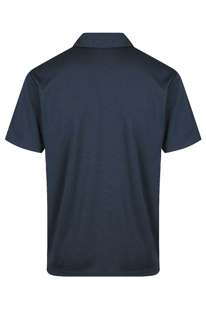 A plain navy polo shirt with a collared neckline and short sleeves, featuring a branding logo.