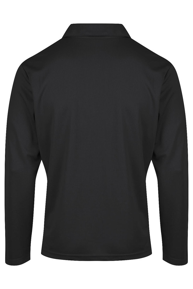 A black polo shirt with long sleeves, featuring a collar and a logo. The back view is displayed.