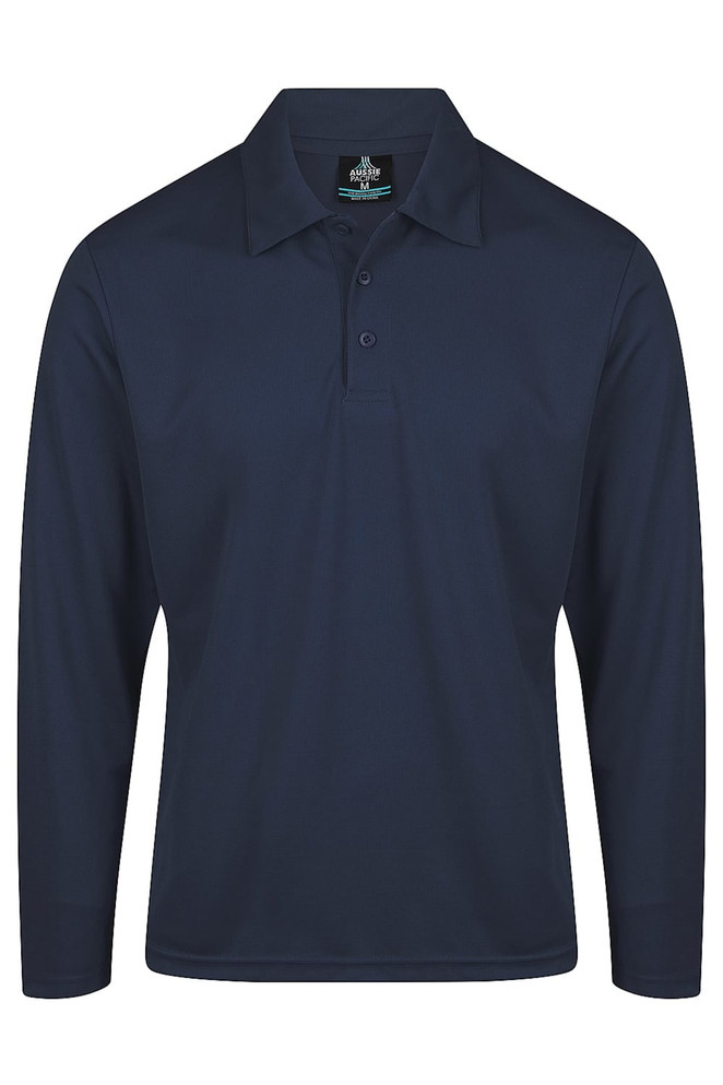 A men's long-sleeve polo shirt in navy blue with a collar and three buttons, featuring a logo.