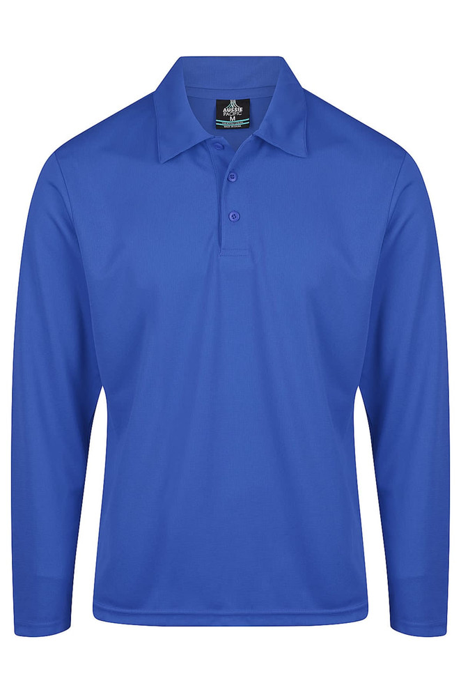 A long-sleeve polo shirt in a vibrant blue shade, featuring a collar and three buttons. Includes a logo on the chest.