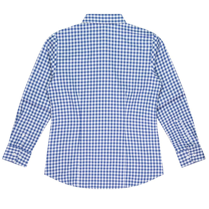 A long-sleeve button-up shirt in blue and white checked pattern, featuring a classic collar and a logo.