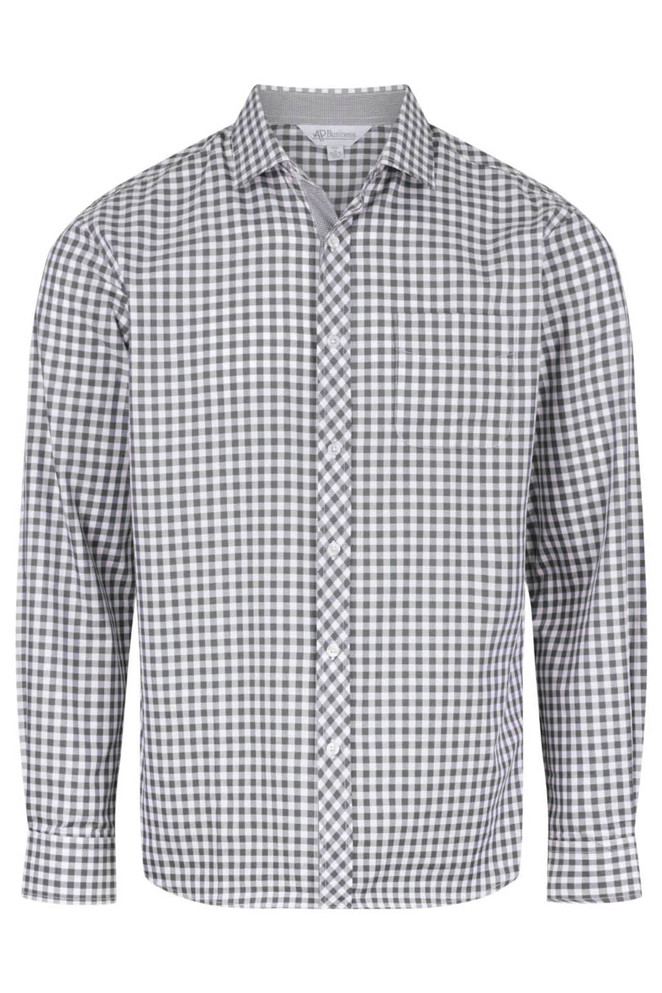 A long-sleeved button-up shirt in a black and white check pattern, featuring a branded logo.