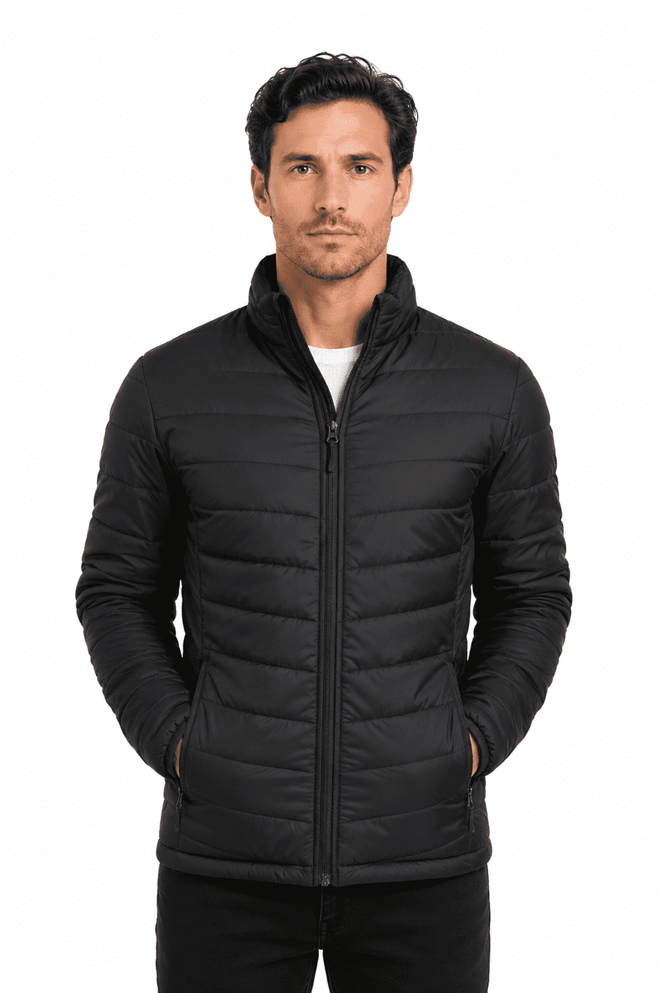 A black men's jacket with a zippered front and side pockets, featuring a puffy design and a logo.