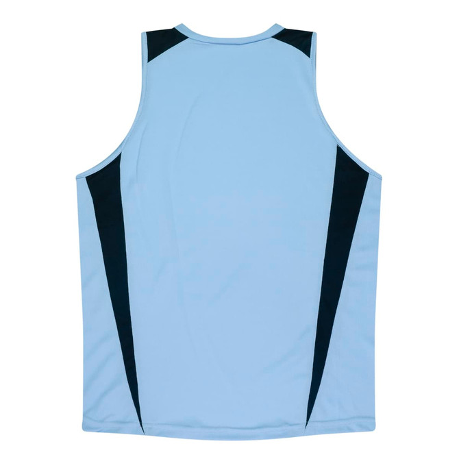 A light blue singlet with black accents on the shoulders and sides. It features a logo.