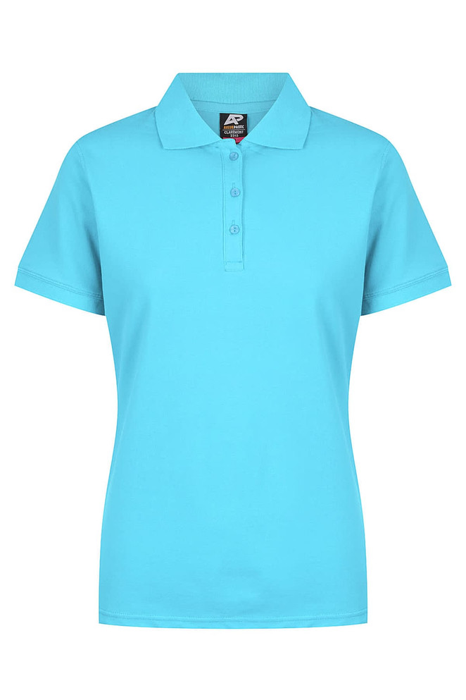 A turquoise polo shirt with a collar and three-button placket, featuring a logo on the upper left side.