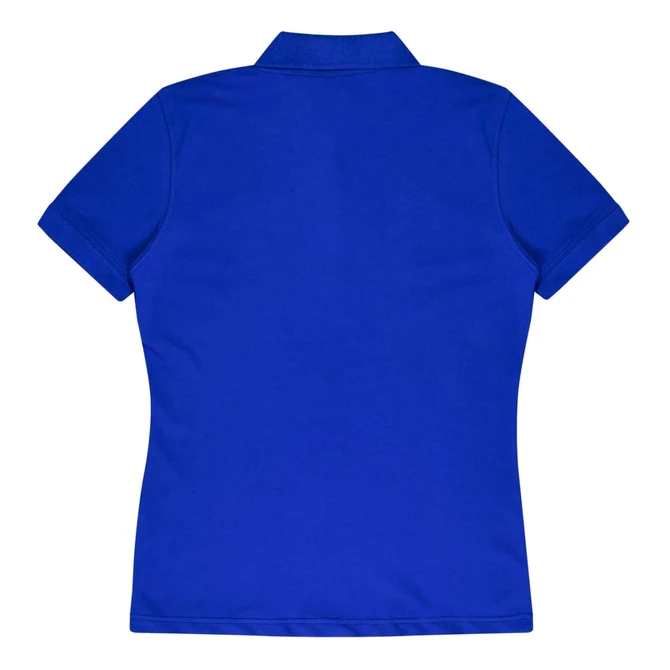 A blue women's polo shirt with a collar and short sleeves, featuring a logo on the back.