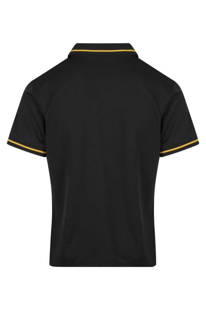 A black polo shirt with yellow accents and a collar, featuring a logo on the back.