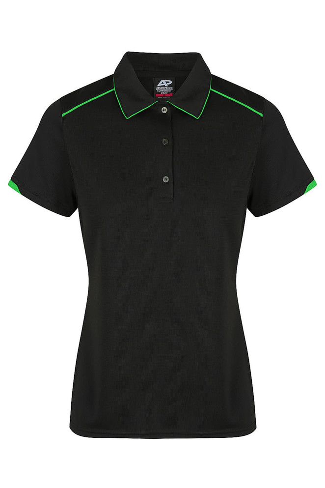 A black polo shirt featuring green accents and a branded logo on the collar.