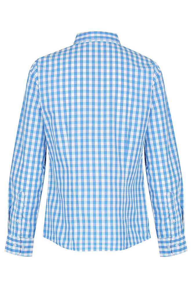 A blue and white checked long sleeve button-up shirt with a collar and cuffed sleeves. Features a logo.