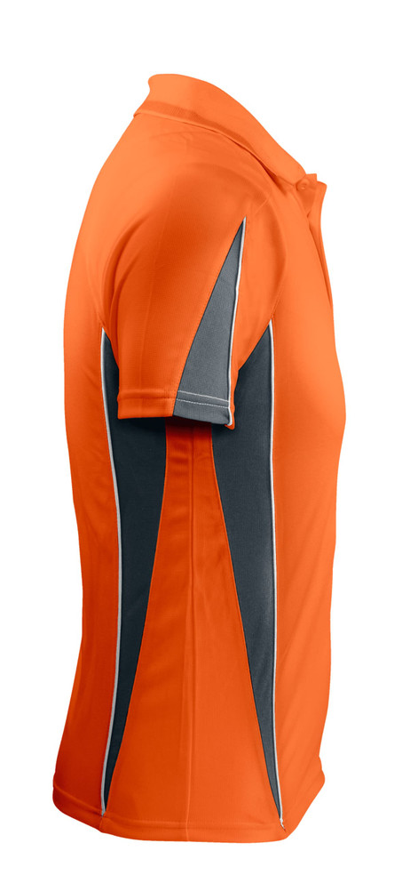 An orange polo shirt featuring grey highlights and a logo on the chest, displayed from the side.