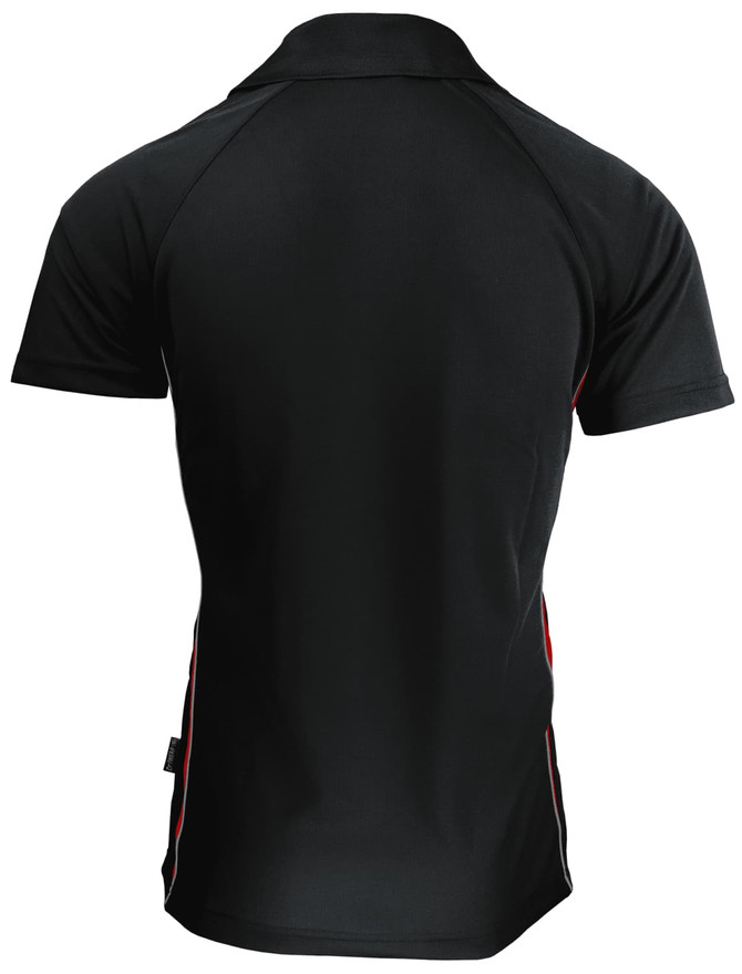 A black polo shirt with short sleeves and contrasting red side detailing, featuring a logo on the front.